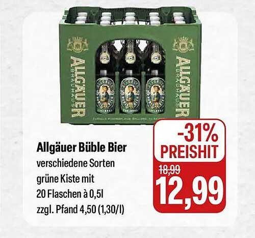 Allgäuer Büble Bier – verschiedene Sorten, grüne Kiste mit 20 Flaschen à 0,5l