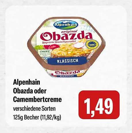Alpenhain Obazda oder Camembertcreme verschiedene Sorten 125g Becher
