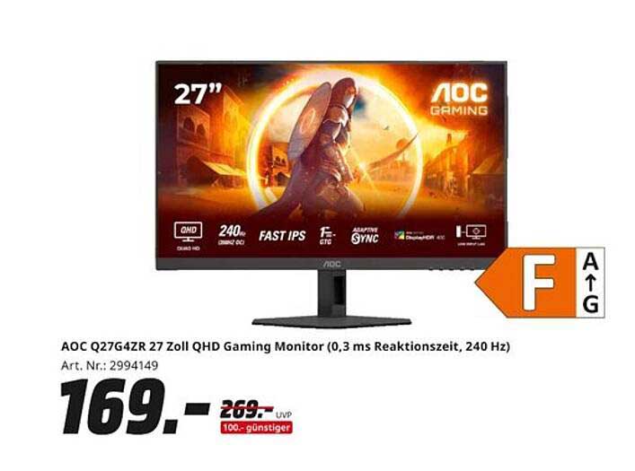AOC Q2764ZR 27 Zoll QHD Gaming Monitor (0,3 ms Reaktionszeit, 240 Hz)