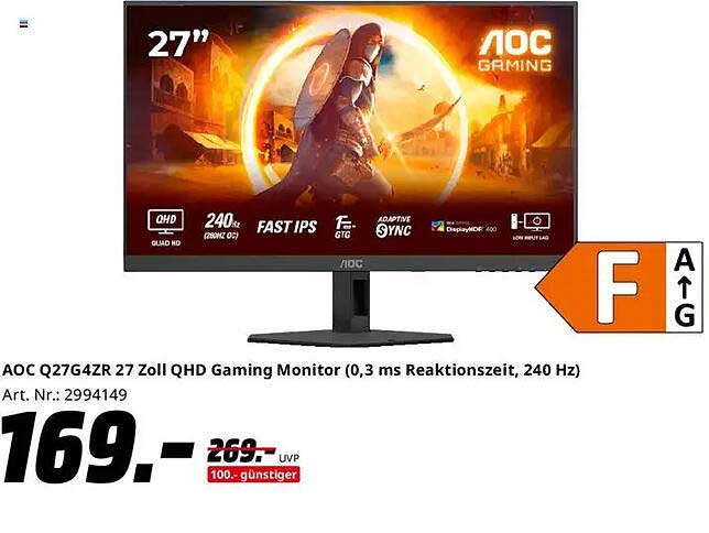 AOC Q27G4ZR 27 Zoll QHD Gaming Monitor (0,3 ms Reaktionszeit, 240 Hz)