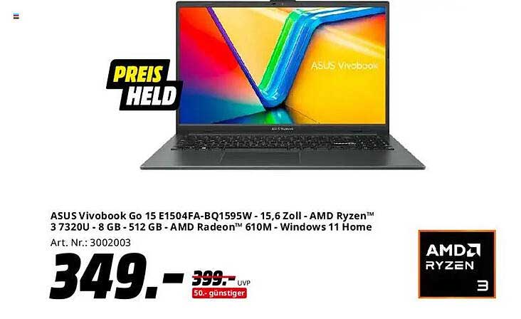 ASUS Vivobook Go 15 E1504FA-BQ1595W - 15,6 Zoll - AMD Ryzen™ 3 7320U - 8 GB - 512 GB - AMD Radeon™ 610M - Windows 11 Home