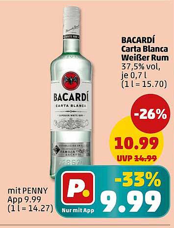 BACARDÍ Carta Blanca Weißer Rum 37,5% vol, 0,7 l