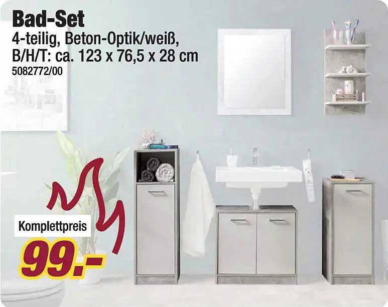 Bad-Set 4-teilig, Beton-Optik/weiß, B/H/T: ca. 123 x 76,5 x 28 cm