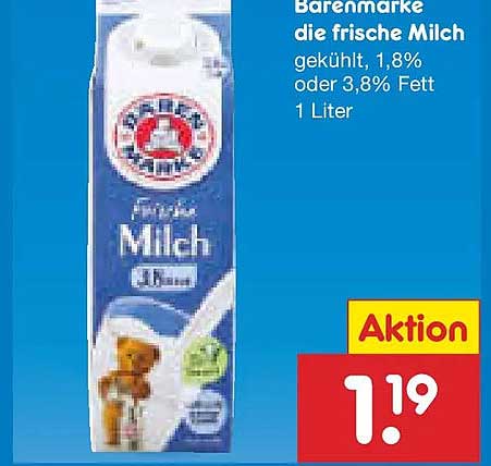 Bärenmarke die frische Milch, 1 Liter (gekühlt, 1,8% oder 3,8% Fett)