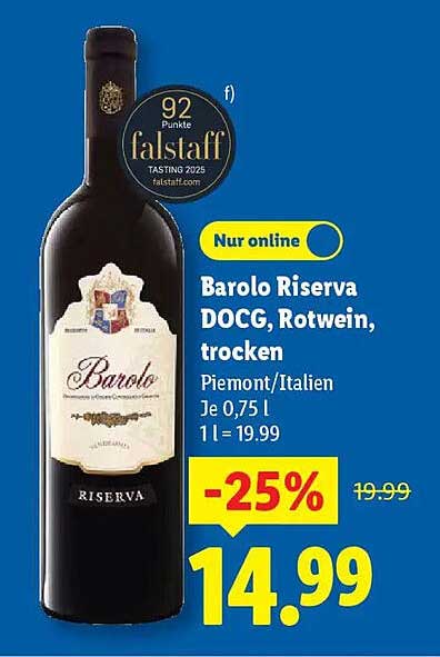 Barolo Riserva DOCG, Rotwein, trocken, 0,75 L