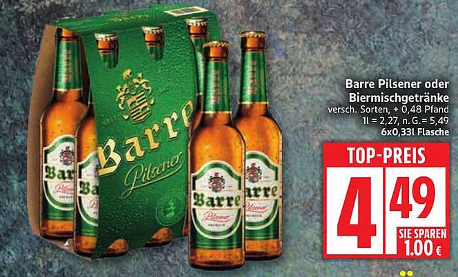 Barre Pilsener oder Biermischgetränke 6x0,33l