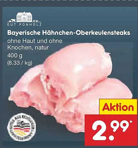 Bayerische Hähnchen-Oberkeulensteaks ohne Haut und ohne Knochen, natur 400 g