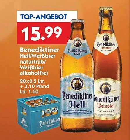 Benediktiner Hell/Weißbier naturtrüb alkoholfrei 20 x 0,5 Ltr.