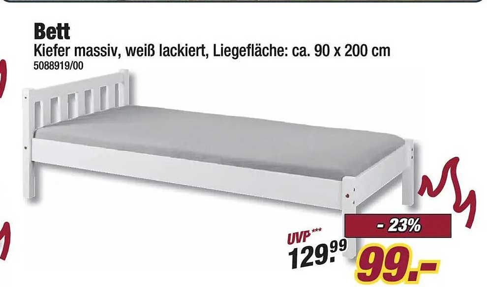 Bett Kiefer massiv, weiß lackiert, Liegefläche: ca. 90 x 200 cm