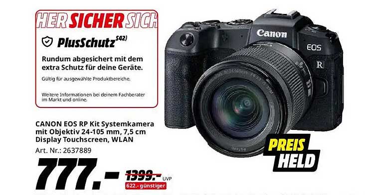 CANON EOS RP Kit Systemkamera mit Objektiv 24-105 mm, 7,5 cm Display Touchscreen, WLAN