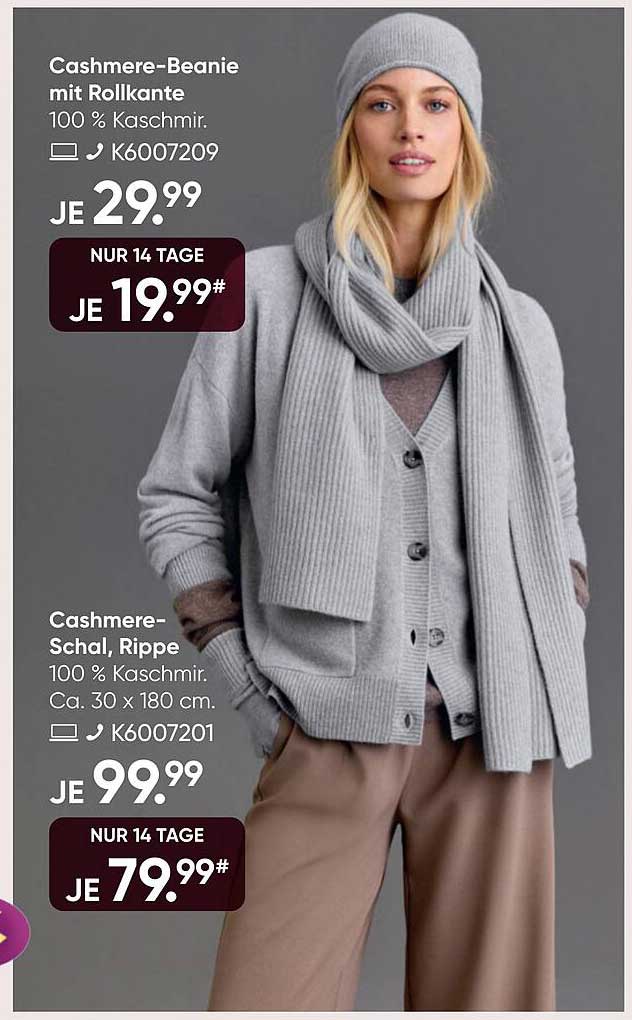 Cashmere-Beanie mit Rollkante und Cashmere-Schal, Rippe