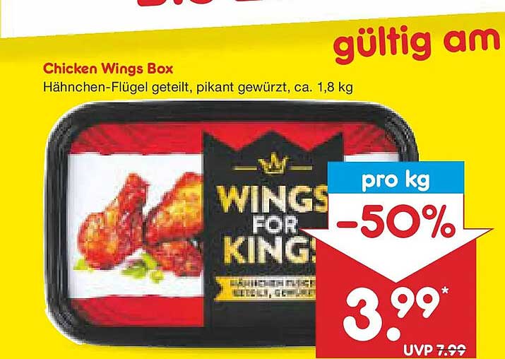 Chicken Wings Box – Hähnchen-Flügel geteilt, pikant gewürzt, ca. 1,8 kg