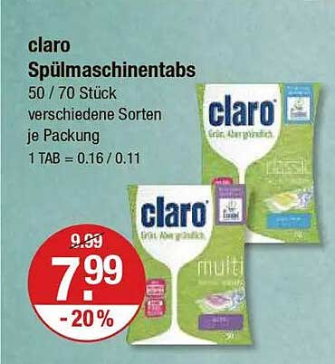 claro Spülmaschinentabs 50 / 70 Stück verschiedene Sorten je Packung
