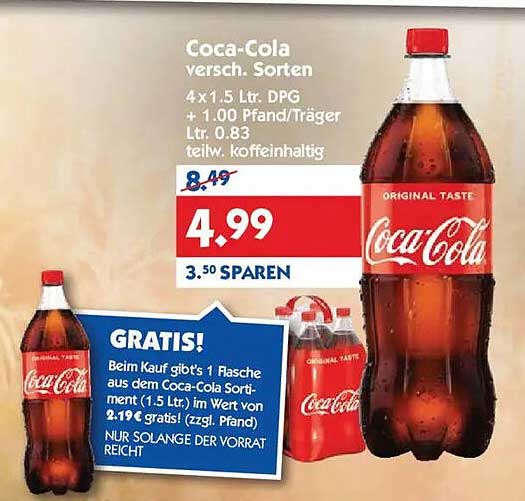 Coca-Cola versch. Sorten 4x1,5 Ltr. DPG + 1,00 Pfand/Träger