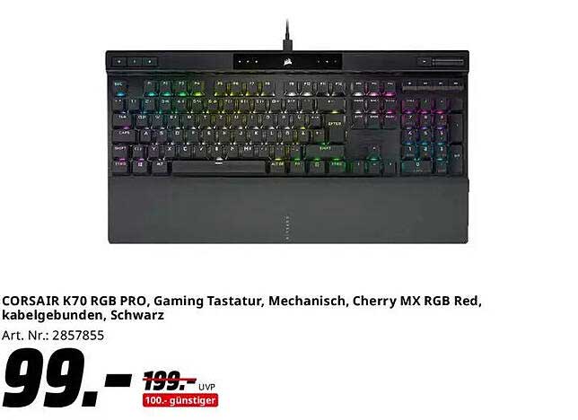 CORSAIR K70 RGB PRO, Gaming Tastatur, Mechanisch, Cherry MX RGB Red, kabelgebunden, Schwarz