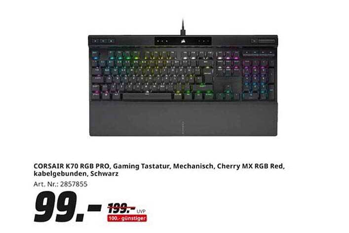CORSAIR K70 RGB PRO, Gaming Tastatur, Mechanisch, Cherry MX RGB Red, kabelgebunden, Schwarz