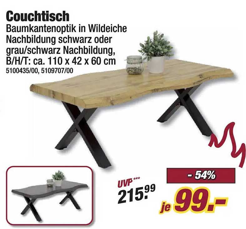 Couchtisch Baumkantenoptik in Wildeiche Nachbildung