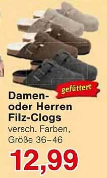 Damen- oder Herren Filz-Clogs - Gefüttert in verschiedenen Farben