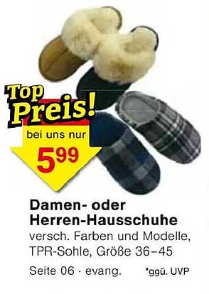 Damen- oder Herren-Hausschuhe versch. Farben und Modelle, TPR-Sohle, Größe 36-45