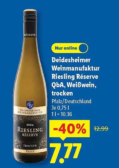 Deidesheimer Weinmanufaktur Riesling Réserve QbA, Weißwein, trocken