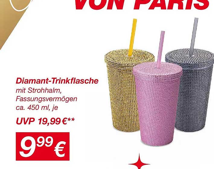 Diamant-Trinkflasche mit Strohhalm, Fassungsvermögen ca. 450 ml