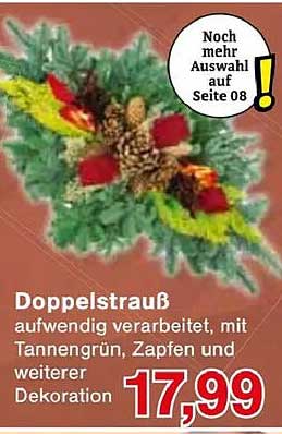 Doppelstrauß aufwendig verarbeitet, mit Tannengrün, Zapfen und weiterer Dekoration