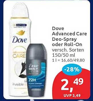 Dove Advanced Care Deo-Spray oder Roll-On (verschiedene Sorten, 150/50 ml)