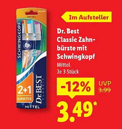 Dr. Best Classic Zahnbürste mit Schwingkopf – Mittel, Je 3 Stück