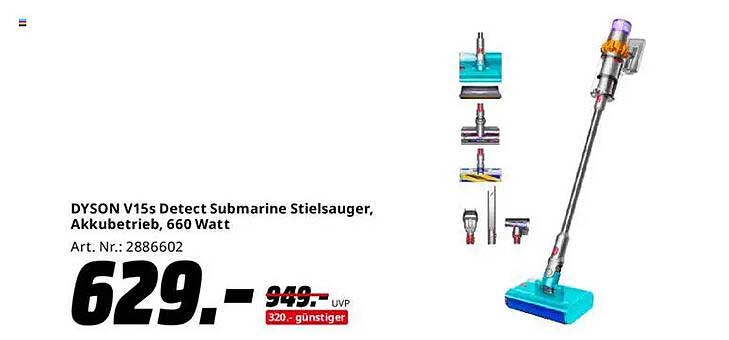 DYSON V15s Detect Submarine Stielsauger, Akkubetrieb, 660 Watt