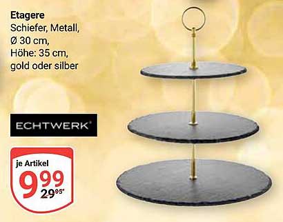 Echtwerk Etageren aus Schiefer und Metall, Ø 30 cm, Höhe: 35 cm, Gold oder Silber