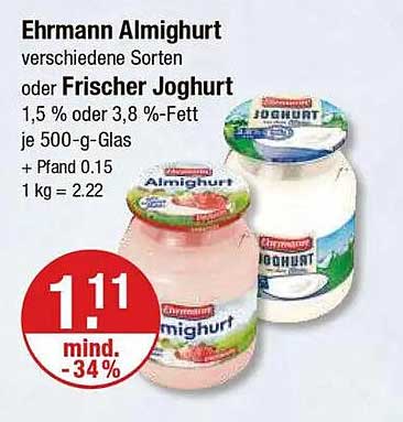 Ehrmann Almighurt verschiedene Sorten oder Frischer Joghurt 1,5 % oder 3,8 %-Fett je 500-g-Glas