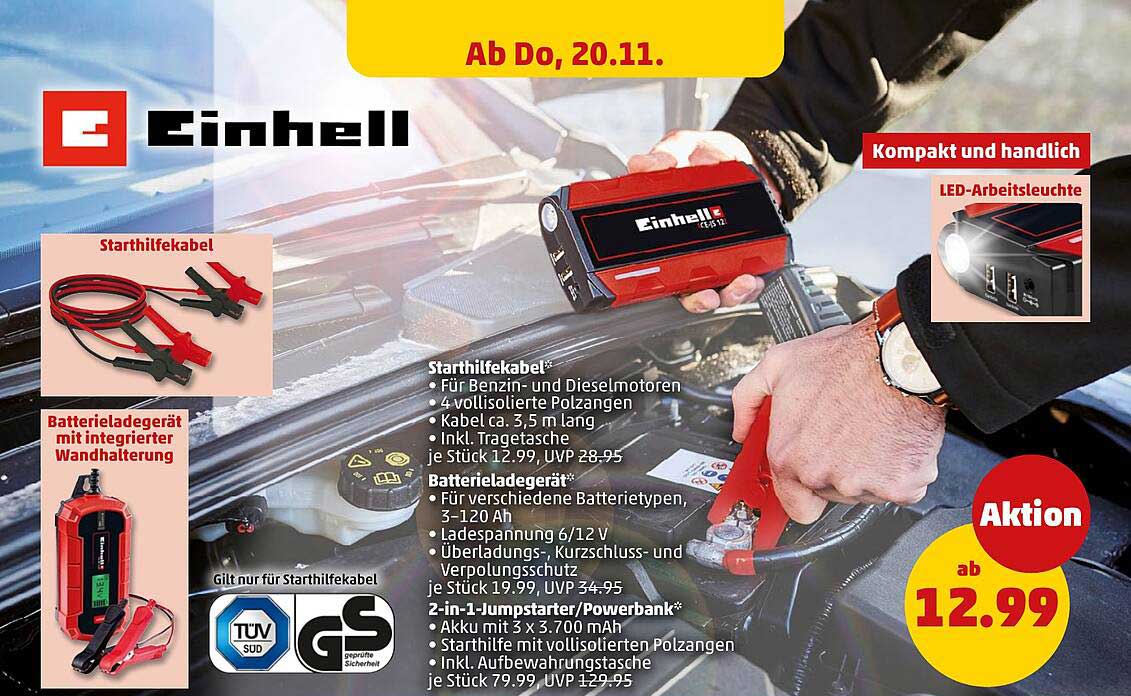 Einhell Batterie-Ladegerät mit Integrierter Wandhalterung und Starthilfekabel