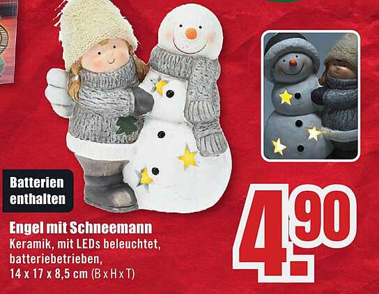 Engel mit Schneemann - Keramik, mit LEDs beleuchtet, batteriebetrieben