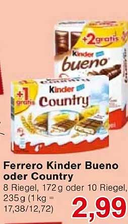 Ferrero Kinder Bueno oder Country 8 Riegel, 172 g oder 10 Riegel, 235 g