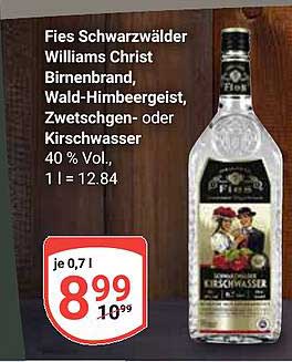 Fies Schwarzwälder Williams Christ Birnenbrand, Wald-Himbeergeist, Zwetschgen- oder Kirschwasser
