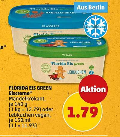 FLORIDA EIS GREEN EISCRÈME Mandelkrokant, je 140 g oder Lebkuchen vegan, je 150 ml