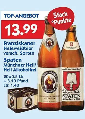 Franziskaner Hefeweißbier und Spaten Münchner Hell - 20 x 0,5 L für 13,99 €