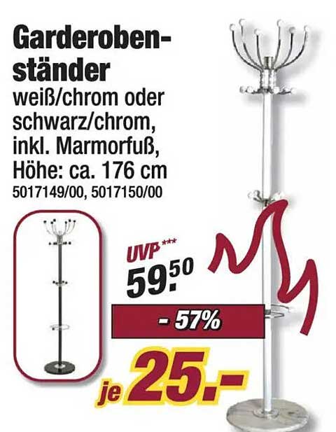 Gardeständer weiß/chrom oder schwarz/chrom, inkl. Marmorfuß, Höhe: ca. 176 cm