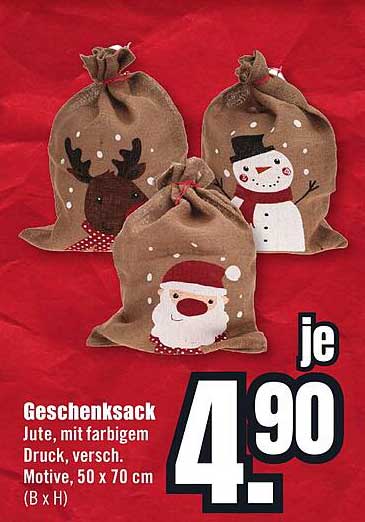 Geschenksack Jute, mit farbigem Druck, versch. Motive, 50 x 70 cm