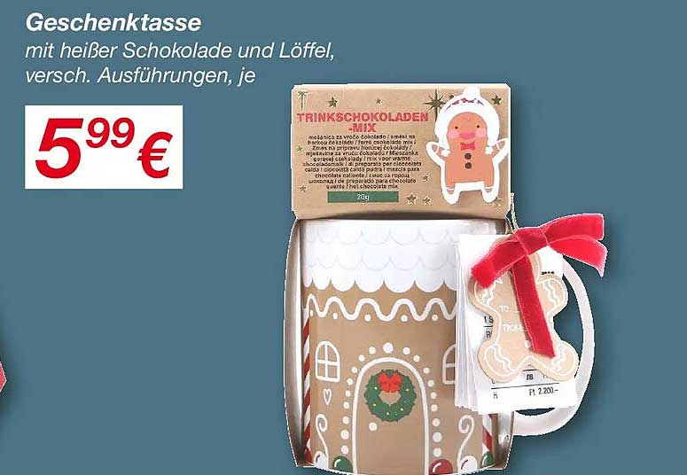 Geschenktasse mit heißer Schokolade und Löffel, versch. Ausführungen