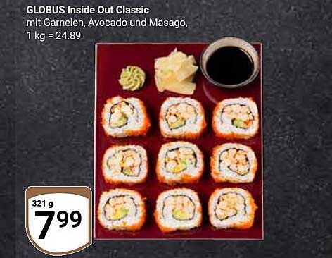 GLOBUS Inside Out Classic mit Garnelen, Avocado und Masago, 321 g