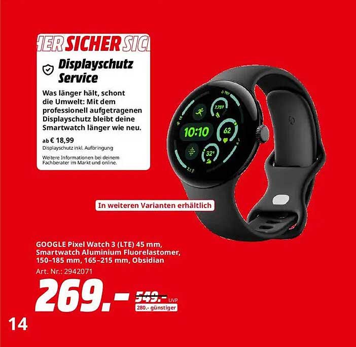 GOOGLE Pixel Watch 3 (LTE) 45 mm, Smartwatch Aluminium Fluorelastomer, 150-185 mm, 165-215 mm, Obsidian