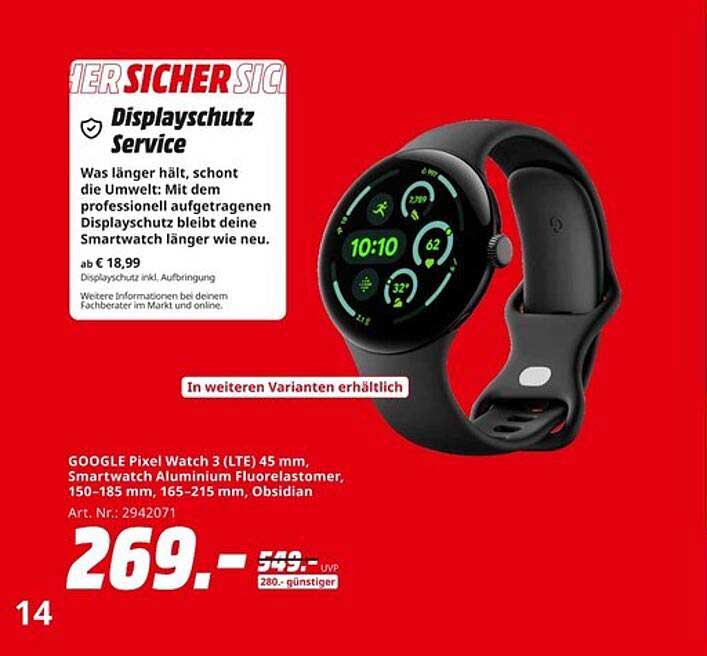 GOOGLE Pixel Watch 3 (LTE) 45 mm, Smartwatch Aluminium Fluorelastomer, 150-185 mm, 165-215 mm, Obsidian