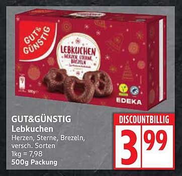 GUT&GÜNSTIG Lebkuchen Herzen, Sterne, Brezeln, verschiedene Sorten (500 g Packung)