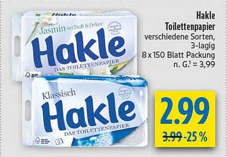 Hakle Toilettenpapier, verschiedene Sorten, 3-lagig, 8 x 150 Blatt