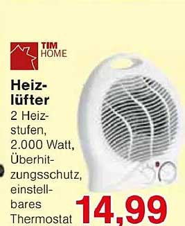 Heizlüfter 2 Heizstufen, 2.000 Watt, Überhitzungsschutz, einstellbares Thermostat