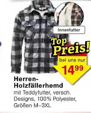 Herren-Holzfällerhemd mit Teddyfutter, verschiedenen Designs, 100% Polyester, Größen M-3XL