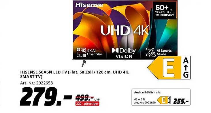 HISENSE 50A6N LED TV (Flat, 50 Zoll / 126 cm, UHD 4K, SMART TV)