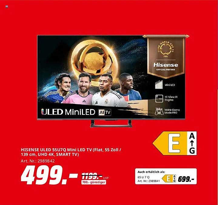 HISENSE ULED 55U7Q Mini LED TV (Flat, 55 Zoll / 139 cm, UHD 4K, SMART TV)