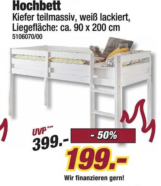 Hochbett Kiefer teilmassiv, weiß lackiert